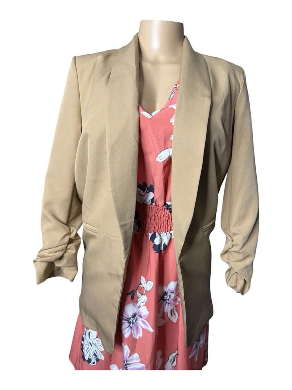Boohoo Women’s Beige Open Front Blazer Ruched Sleeve Jacket Size M NWT - Picture 4 of 4